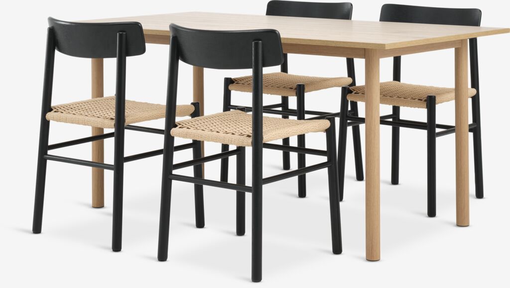 ALSTED L160 Tisch Eiche natur + 4 ISLEV Stühle schwarz/natur