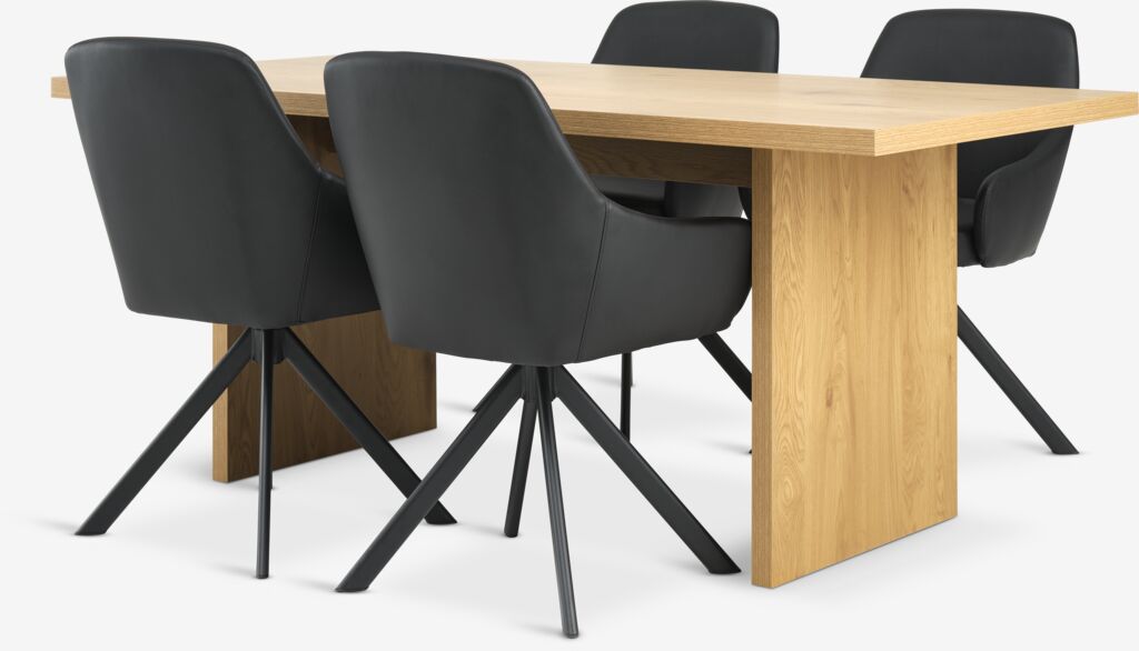 MUNKEBY L180 Tische Eiche warm + 4 ROSTRUP Stühle schwarz