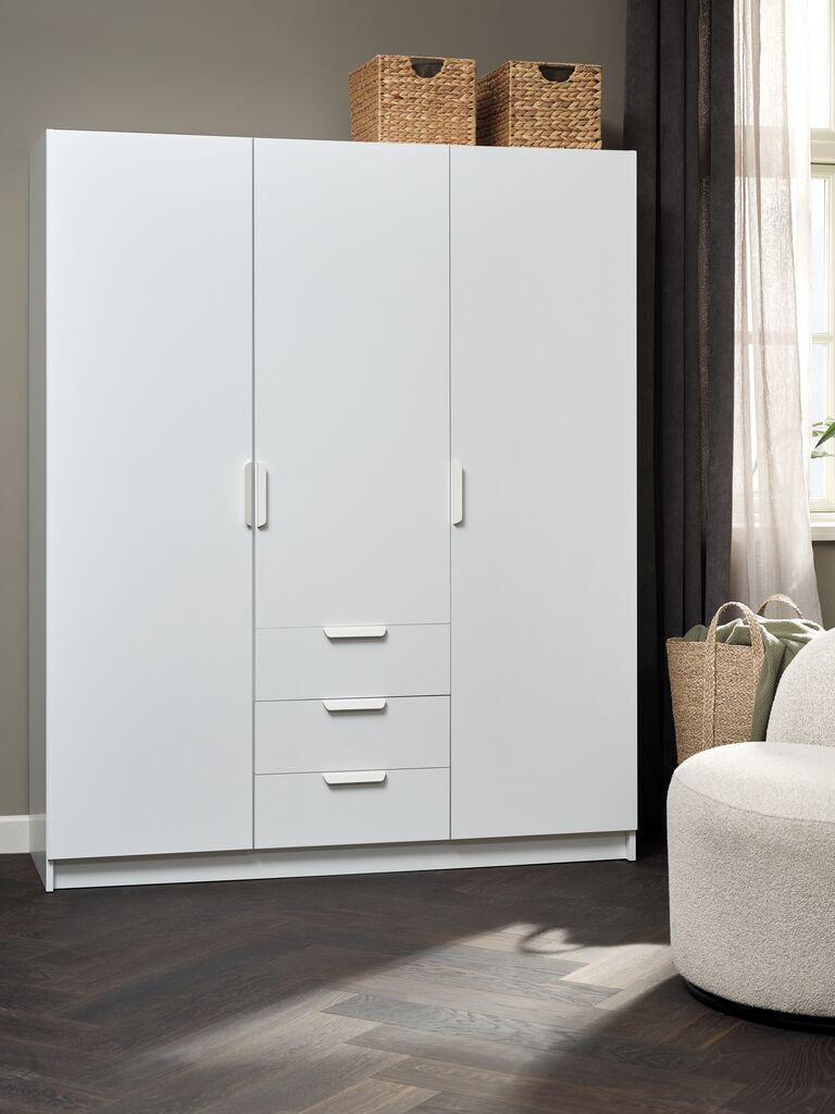 Kleiderschrank JENSLEV 144x176 3 Türen 3 Schubladen weiß