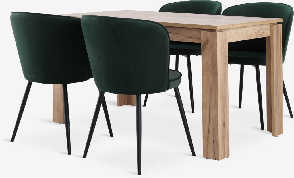 LINTRUP L140 Tisch Wildeiche natur + 4 RISSKOV Samt grün