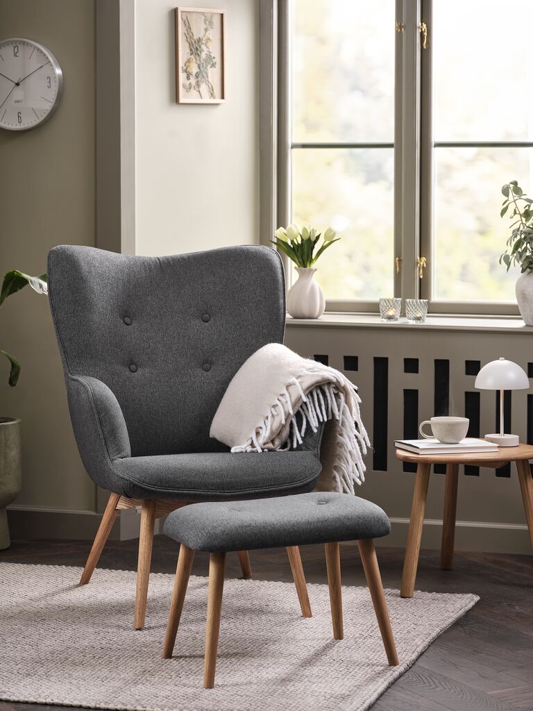 Sessel/Fußhocker SKALBORG dunkelgrau Stoff/Eiche