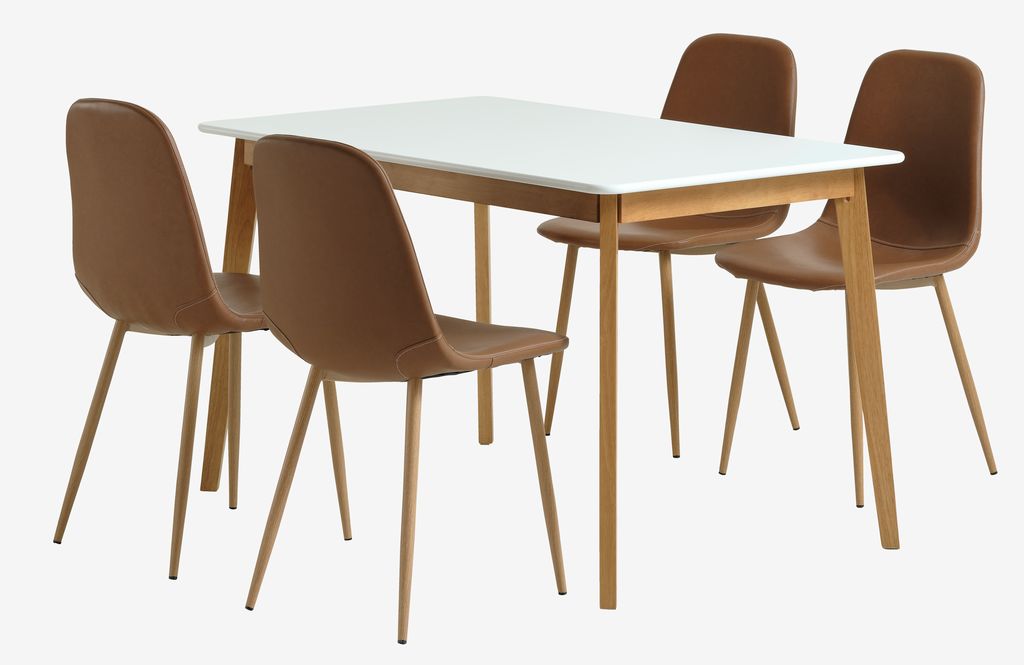 JEGIND L130 Tisch weiß + 4 JONSTRUP Stühle cognac