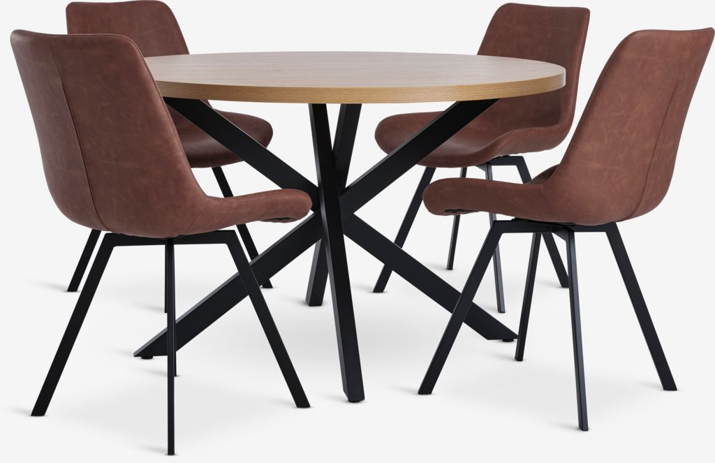 NORTOFT Ø120 Tisch Eiche warm + 4 HYGUM Stühle cognac/schwar