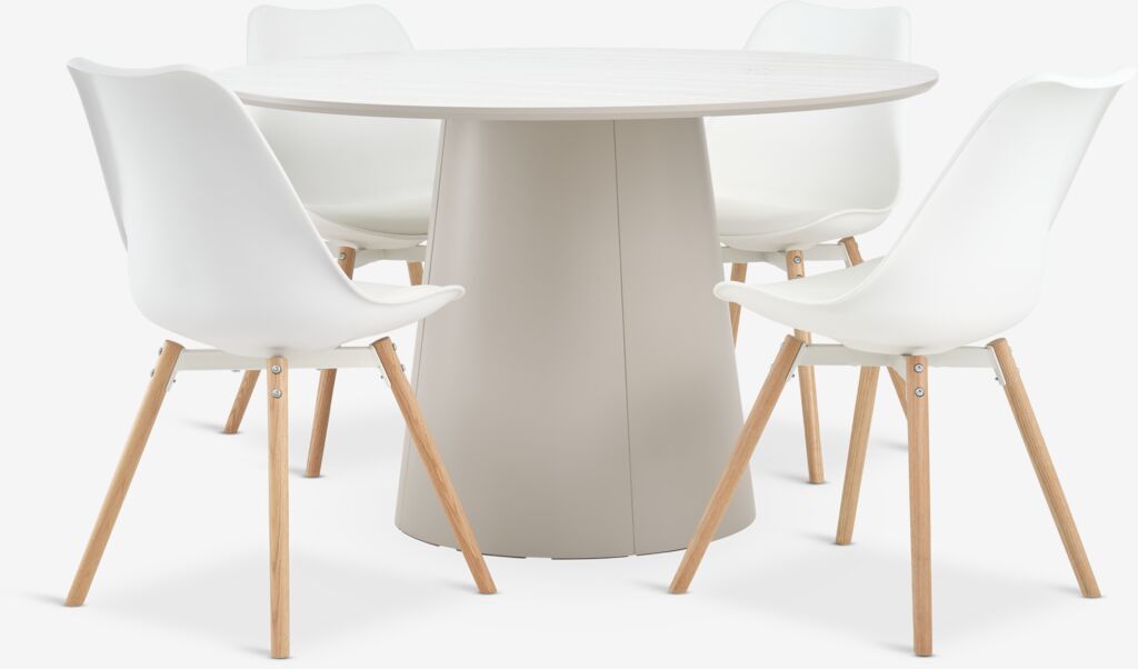KLIPLEV Ø120 Tisch Travertin + 4 KASTRUP Stühle weiß