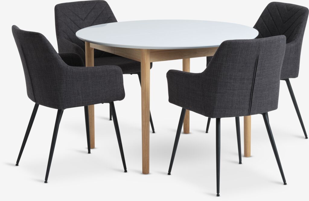 MARSTRAND Ø110 Tisch weiß + 4 PURHUS Stühle grau