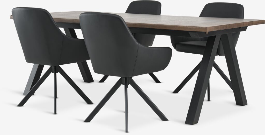 SANDBY L210 Tische Eiche dunkel + 4 ROSTRUP Stühle schwarz