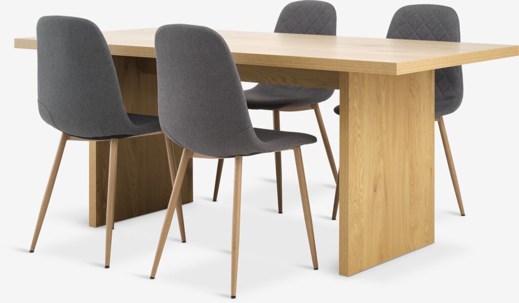 MUNKEBY L180 Tisch Eiche warm + 4 JONSTRUP Stühle asphalt