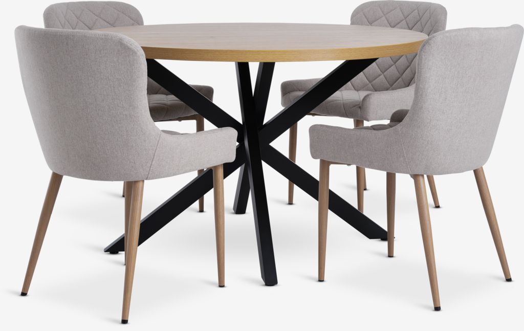 NORTOFT Ø120 Tisch Eiche w. + 4 BELLINGE Stühle sand