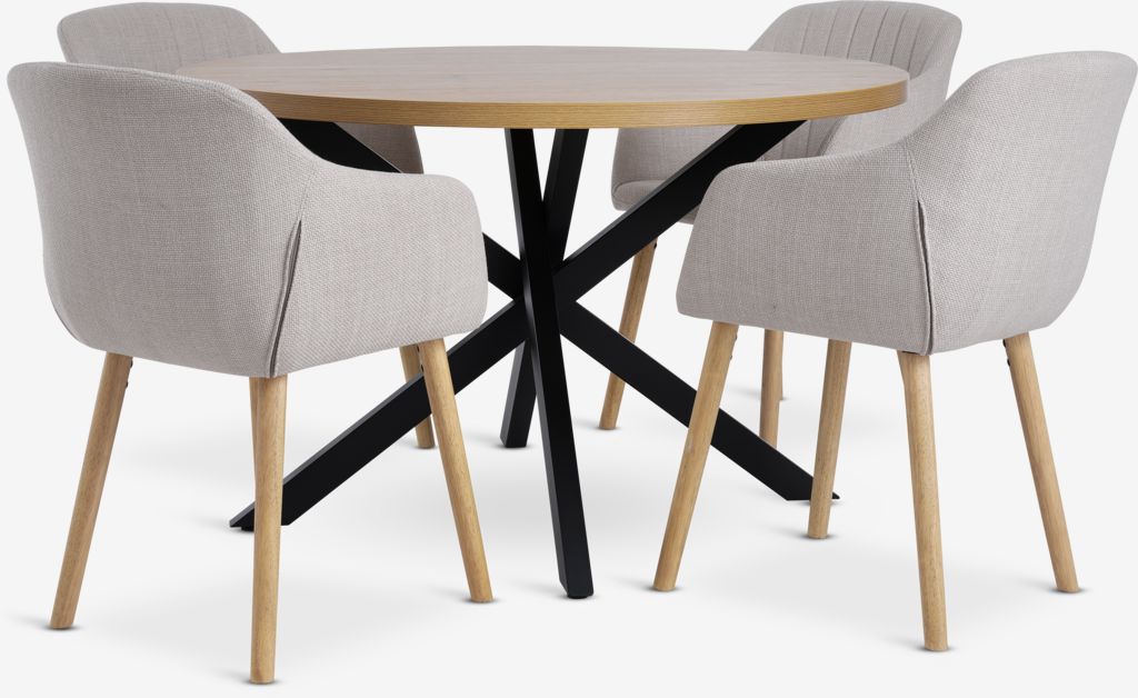NORTOFT Ø120 Tisch Eiche warm + 4 ADSLEV Stühle beige