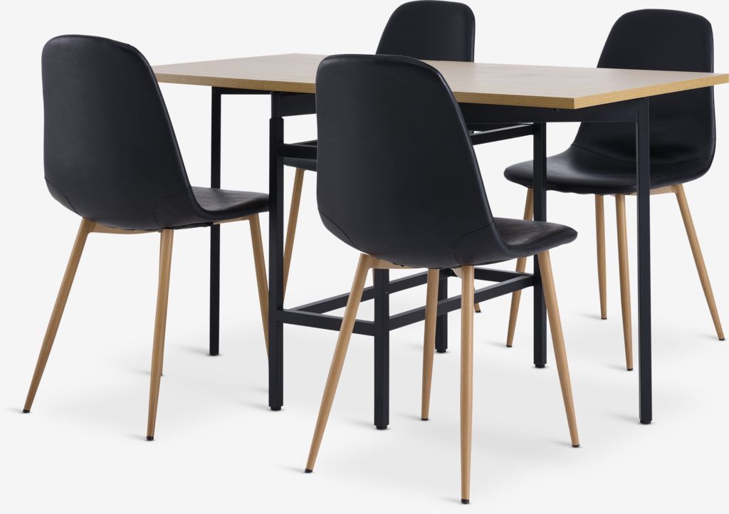 FOLDINGBRO L130 Tisch Eiche w. + 4 JONSTRUP Stühle schwarz