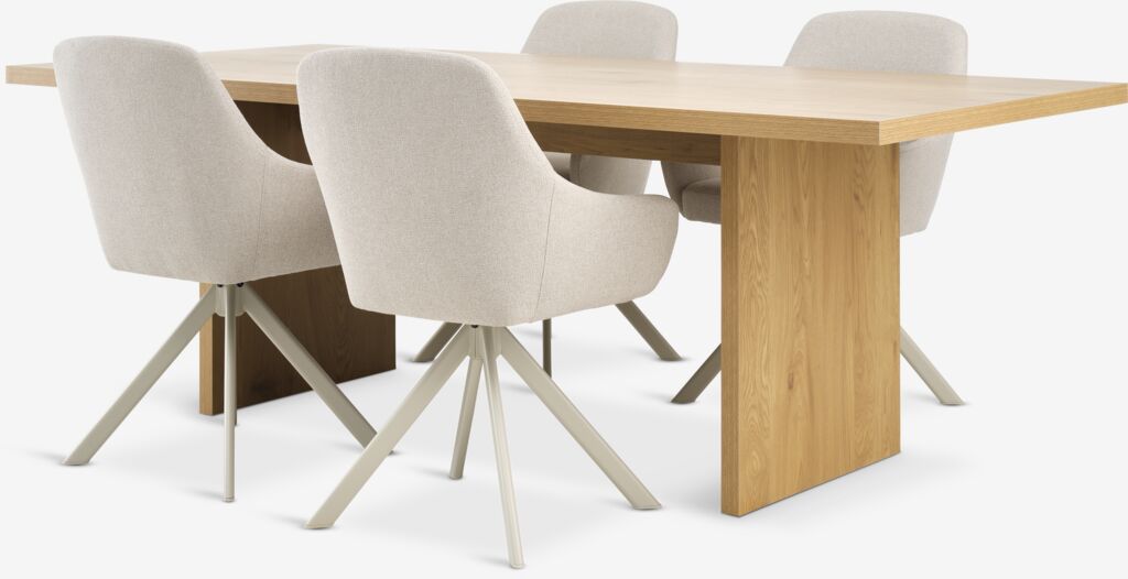 MUNKEBY L180 Tisch Eiche warm + 4 ROSTRUP Stühle beige