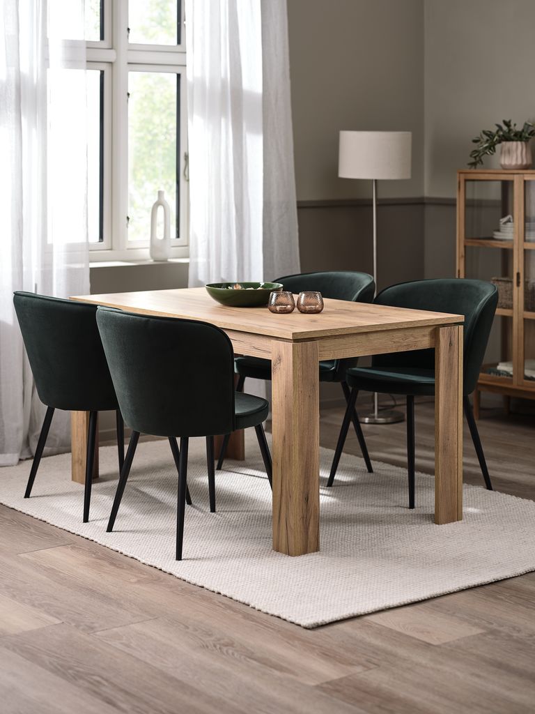 LINTRUP L140 Tisch Wildeiche natur + 4 RISSKOV Samt grün