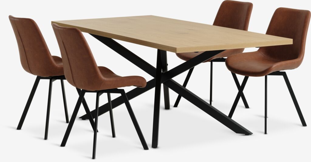 NORTOFT L200 Tisch Eiche w. + 4 HYGUM Stühle cognac/schwarz