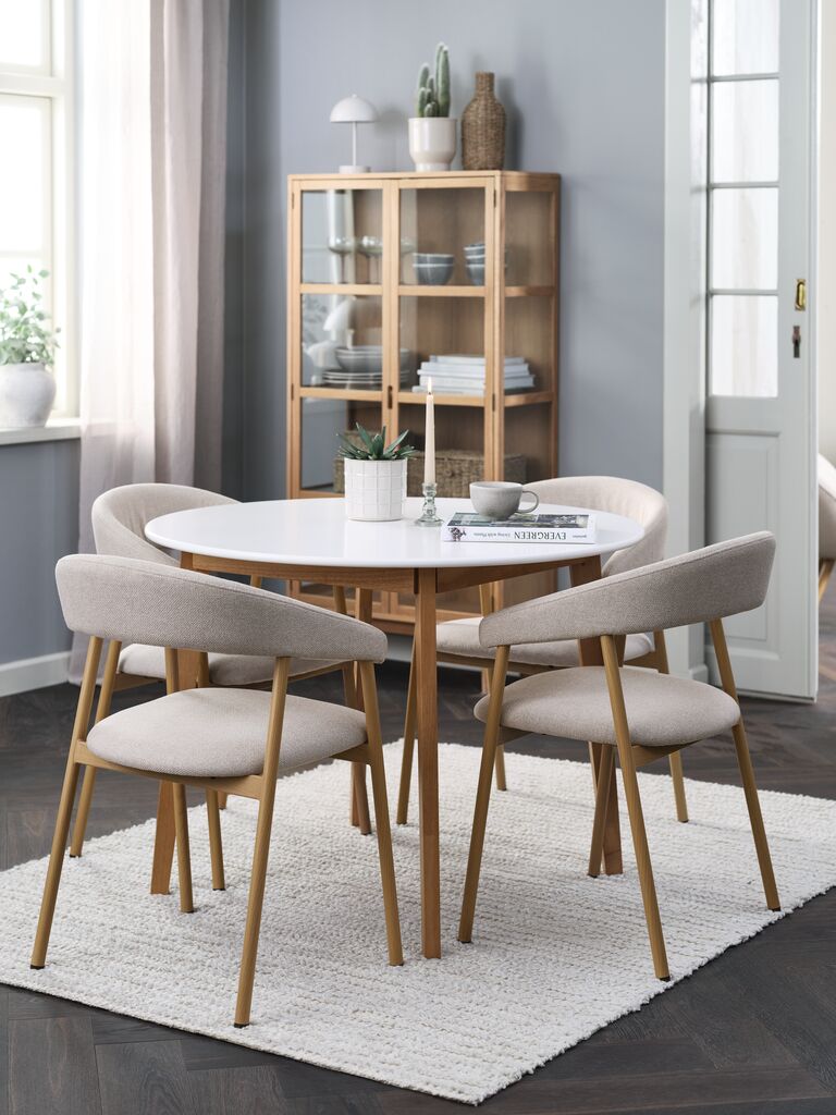JEGIND Ø105 Tisch weiß + 4 EJSING Stühle beige/ Eiche natur