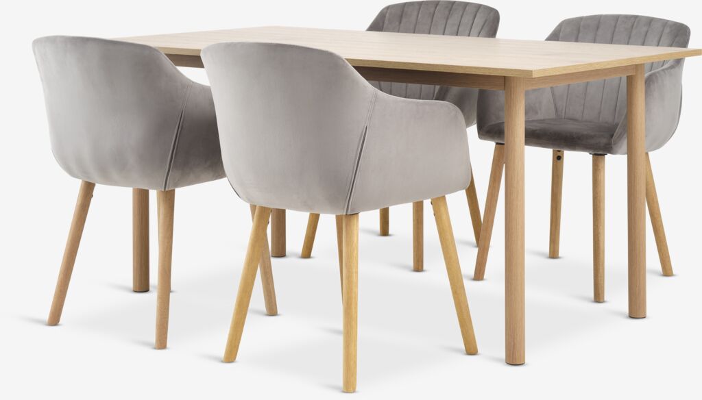 ALSTED L160 Tisch Eiche natur + 4 ADSLEV Stühle grau Samt