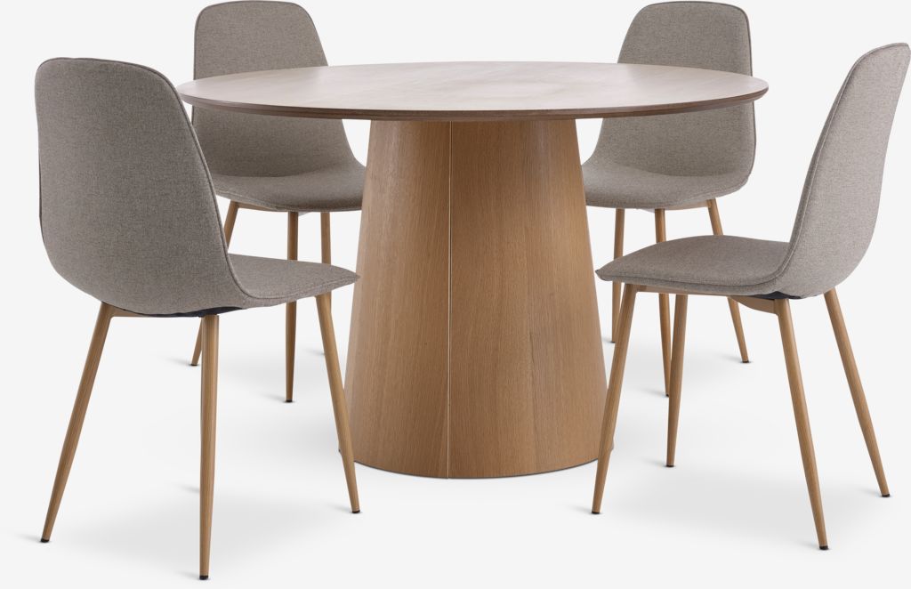KLIPLEV Ø120 Tisch Eiche natur + 4 BISTRUP Stühle sand