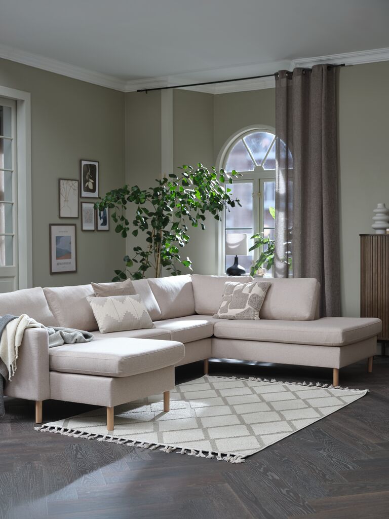 Sofa HELLERUP Ecke rechts beige Stoff/Eiche natur