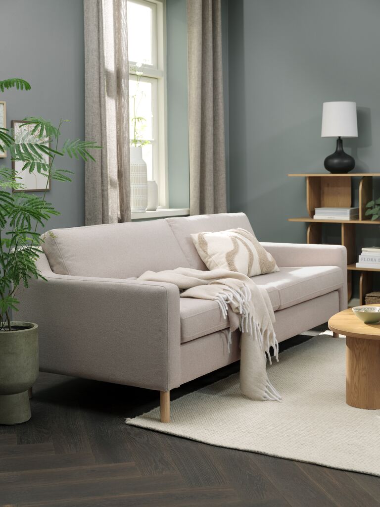 Sofa HELLERUP 3-Sitzer beige Stoff/Eiche natur