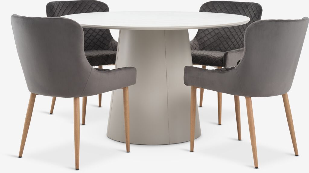 KLIPLEV Ø120 Tisch travertin + 4 PEBRINGE grau samt