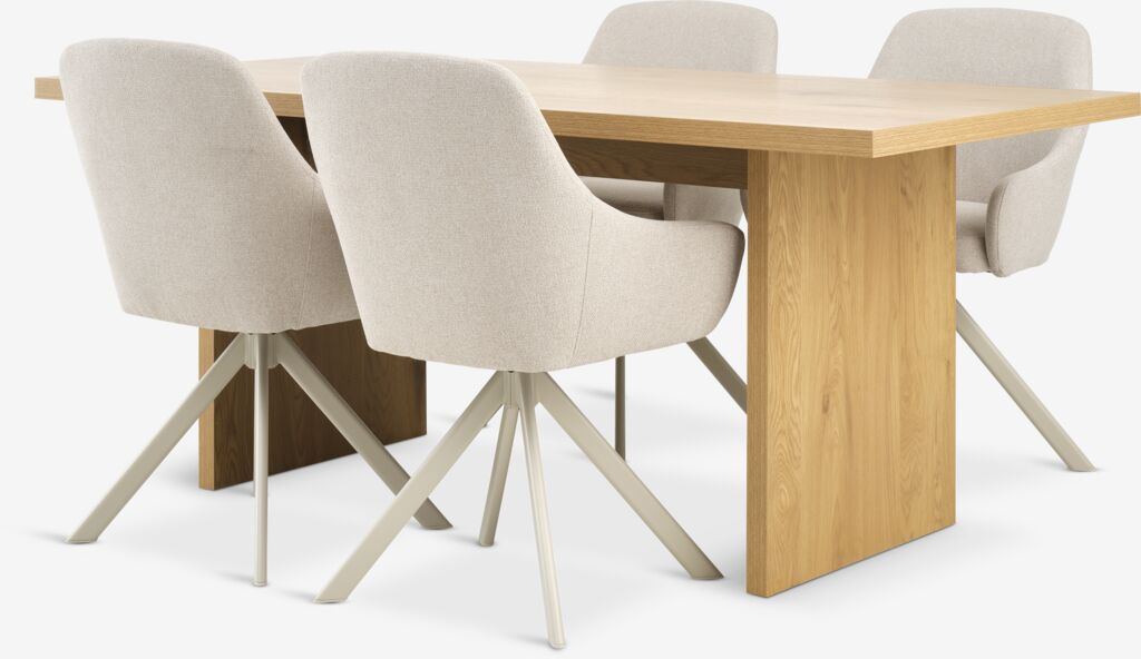 MUNKEBY L180 Tisch Eiche warm + 4 ROSTRUP Stühle beige