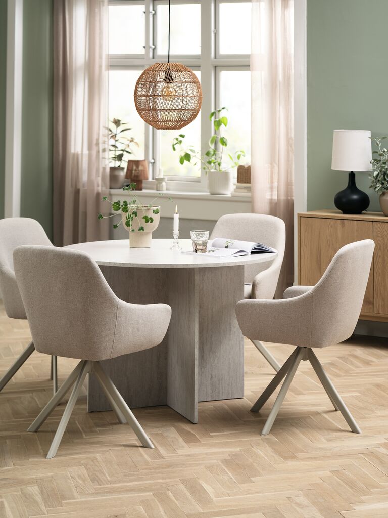 KRONDAL Ø110 Tisch travertin + 4 ROSTRUP Stühle beige