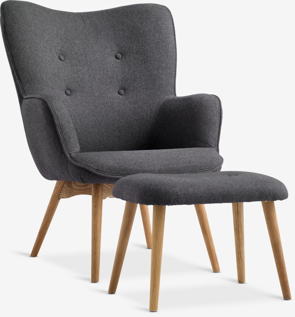 Sessel/Fußhocker SKALBORG dunkelgrau Stoff/Eiche