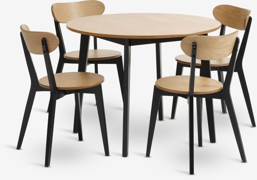 JEGIND Ø105 Tisch Eiche natur + 4 JEGIND Stühle Eiche/schw