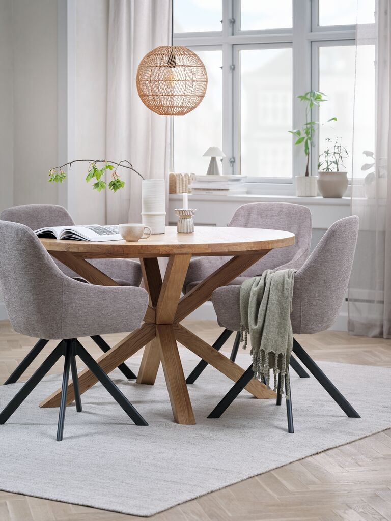 GRIBSKOV Ø120 Tisch Eiche natur + 4 ROSTRUP Stühle sand/s