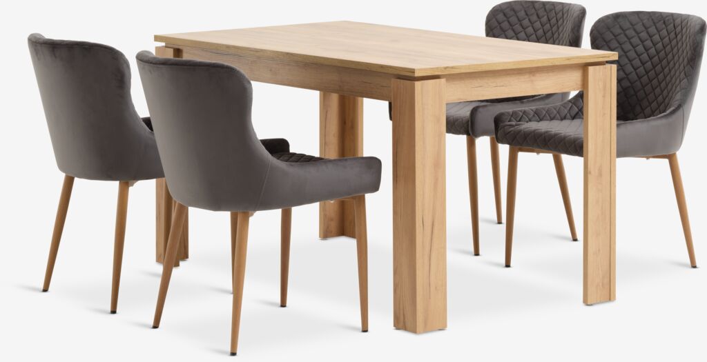 LINTRUP L140 Tisch Wildeiche natur + 4 PEBRINGE Stühle Samt