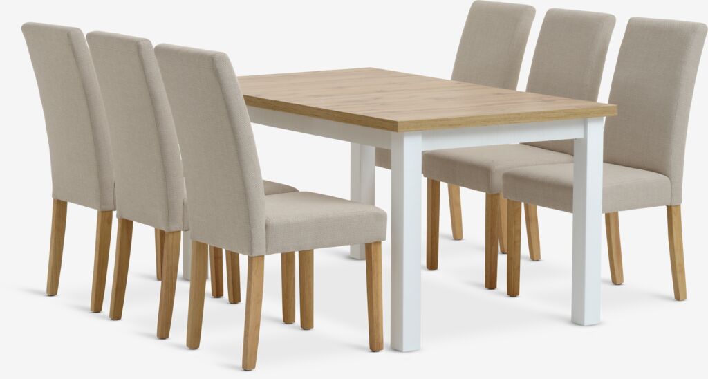 MARKSKEL L150/193 Tisch weiß/Eiche + 4 TUREBY Stühle beige