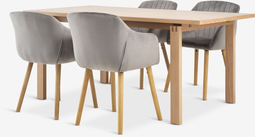 MEJLSKOV L180 Tisch Eiche natur + 4 ADSLEV Stühle Samt grau